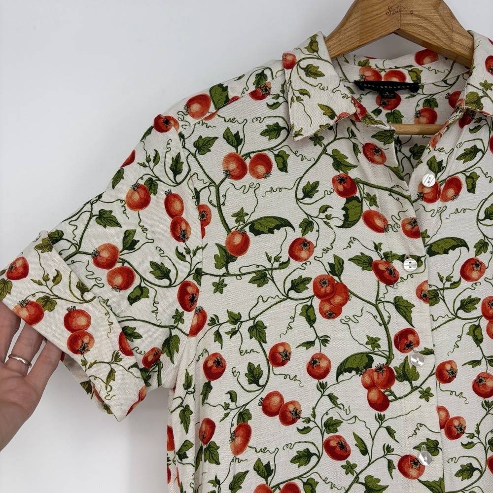 JANE + DELANCEY Tomato Print Midi Shirt Dress S Linen Blend Cottage Garden Natur - Picture 5 of 15